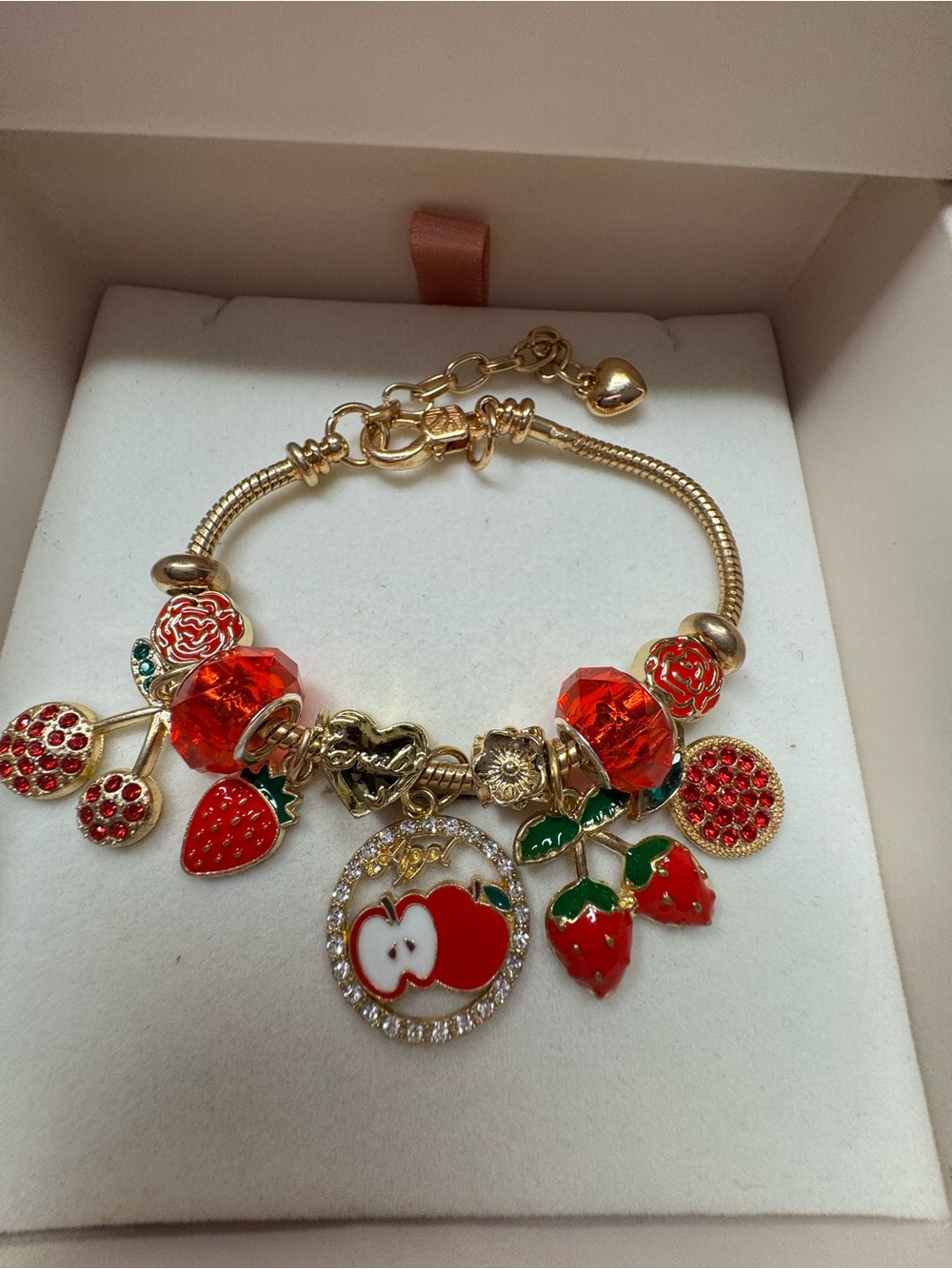 Gold-Tone Red Apple & Strawberry Charm Bracelet